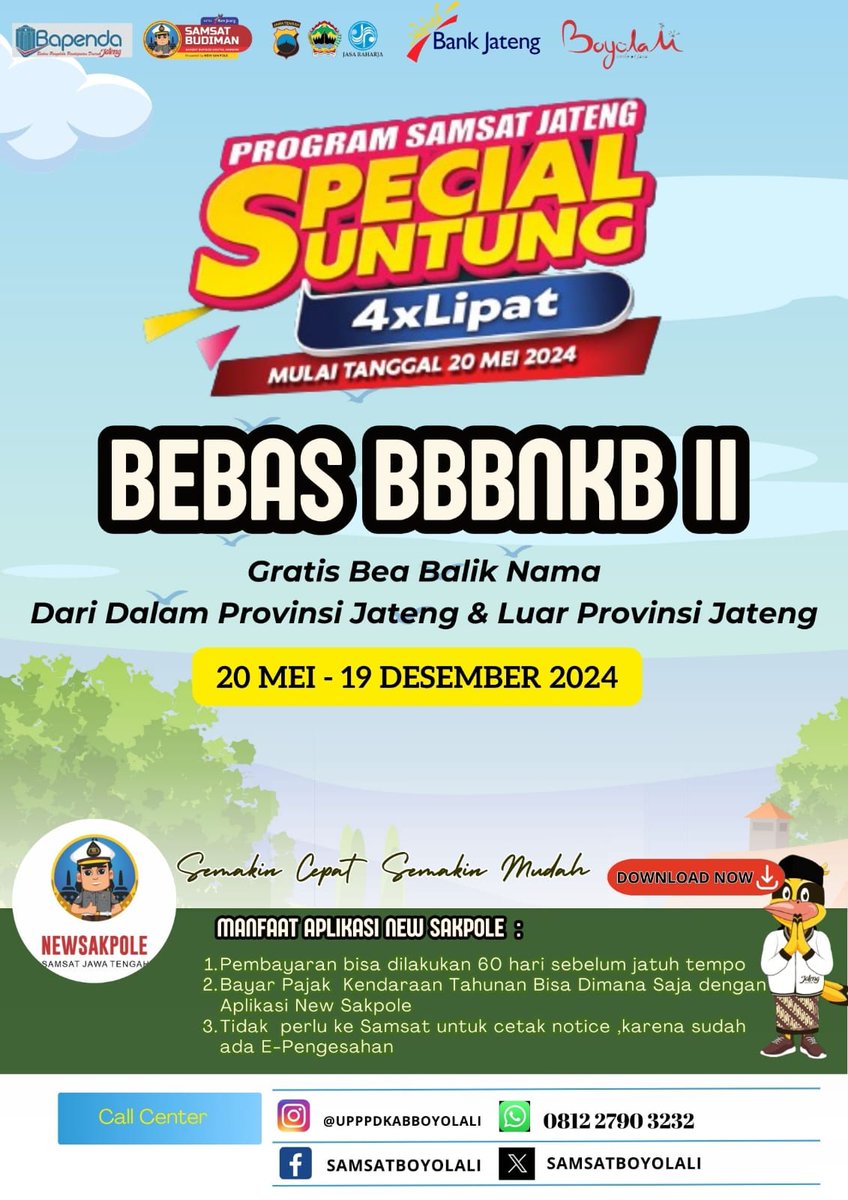 Program ini khusus untuk kamu yang mengalami kendala untuk Pajak Kendaraan karena kendaraan sudah berpindahtangan. Samsat Jawa Tengah hadir dengan program BEBAS BEA BALIK NAMA KENDARAAN BERMOTOR II. Bebas untuk kendaraan dari dalam provinsi dan luar provinsi Jawa Tengah😊