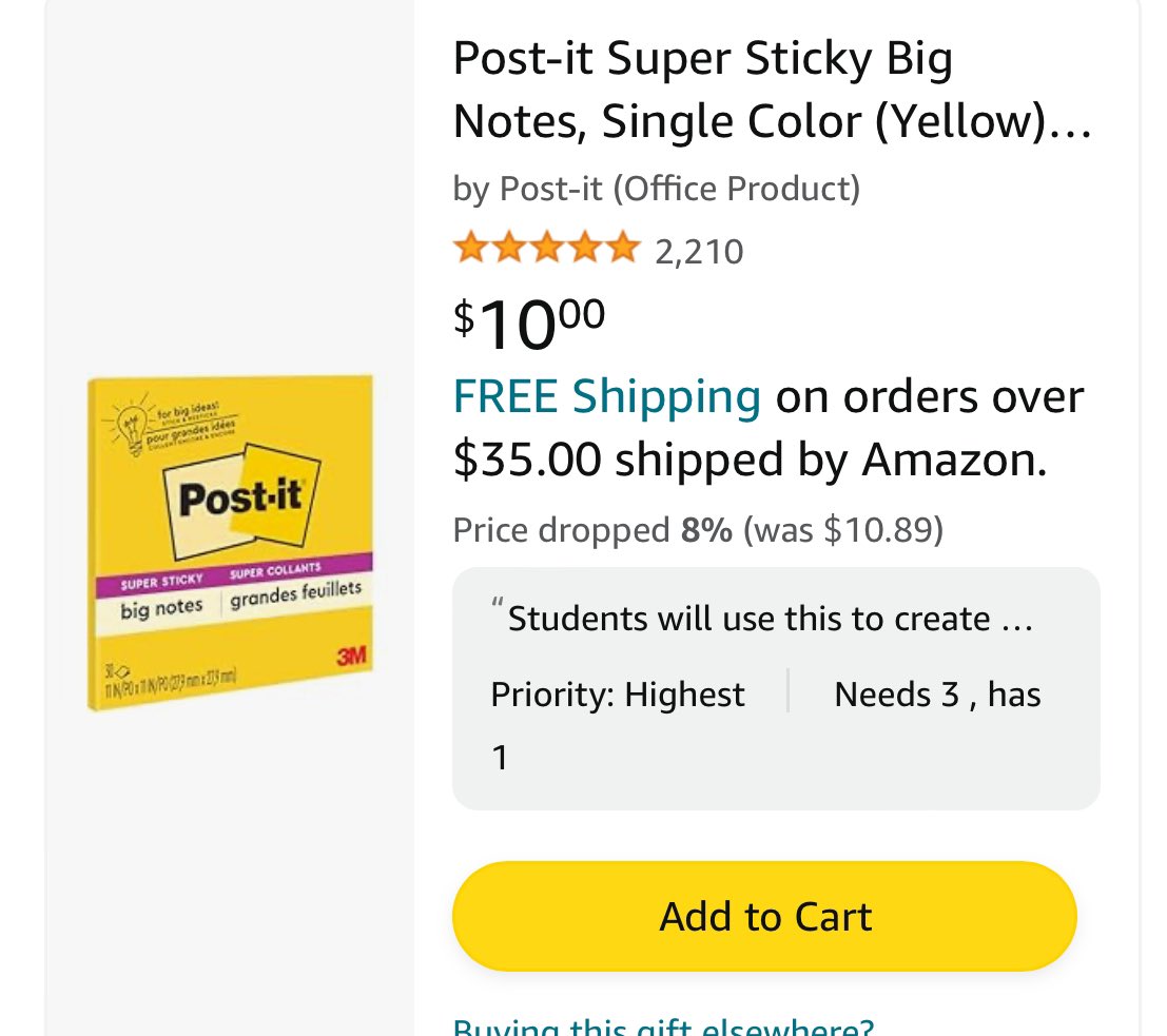 I have 1 out of 3 JUMBO post it’s cleared. 2 more donations needed.🚨🚨🚨🚨 Anyone wants to support? These are essential for group work and helps with collaborative work. #clearthelist #clearthelist2024 #teachertwitter amazon.com/hz/wishlist/ls…