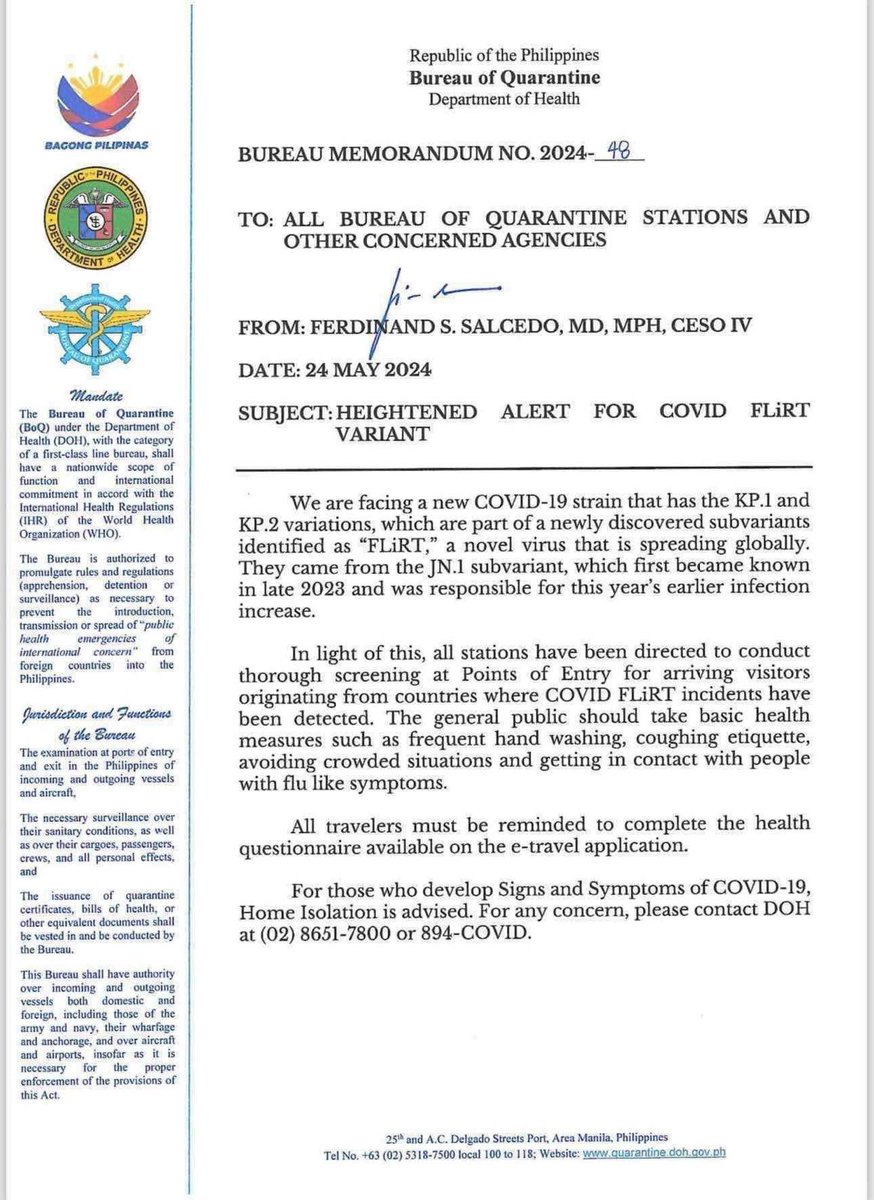 JUST IN: 
The <a href="/DOHgovph/">Department of Health Philippines</a> said that the BOQ issued Bureau Memorandum No. 2024-48 on May 24 to conduct thorough screening for symptoms of Covid-19, among others following the reports of KP.1 and KP.2 variants <a href="/BusinessMirror/">BusinessMirror</a>