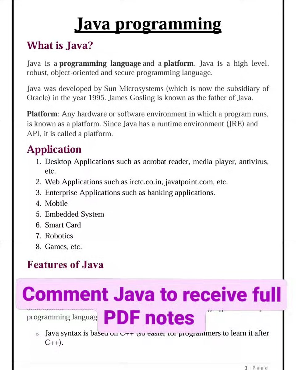 Java is a highly demanded Programming language!

Want to learn Java Basic to Advance?

Here is full  Java Notes basic to Advanced! 

Absolutely free (original price is 399$)

Simply 
Like and repost 
Comment Java
Follow (must) so I dm pdf 💯