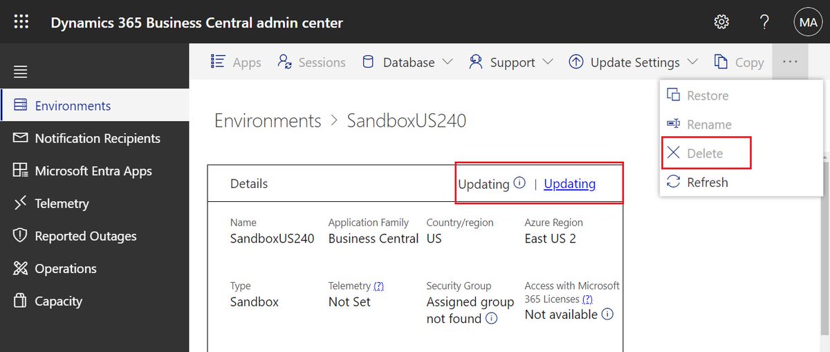 Business Central: Is it possible to delete an environment that is being updated?
No~

#Dynamics365 
#Dynamics
#MSDyn365
#MicrosoftDYN365 
#MSDyn365BC
#businesscentral