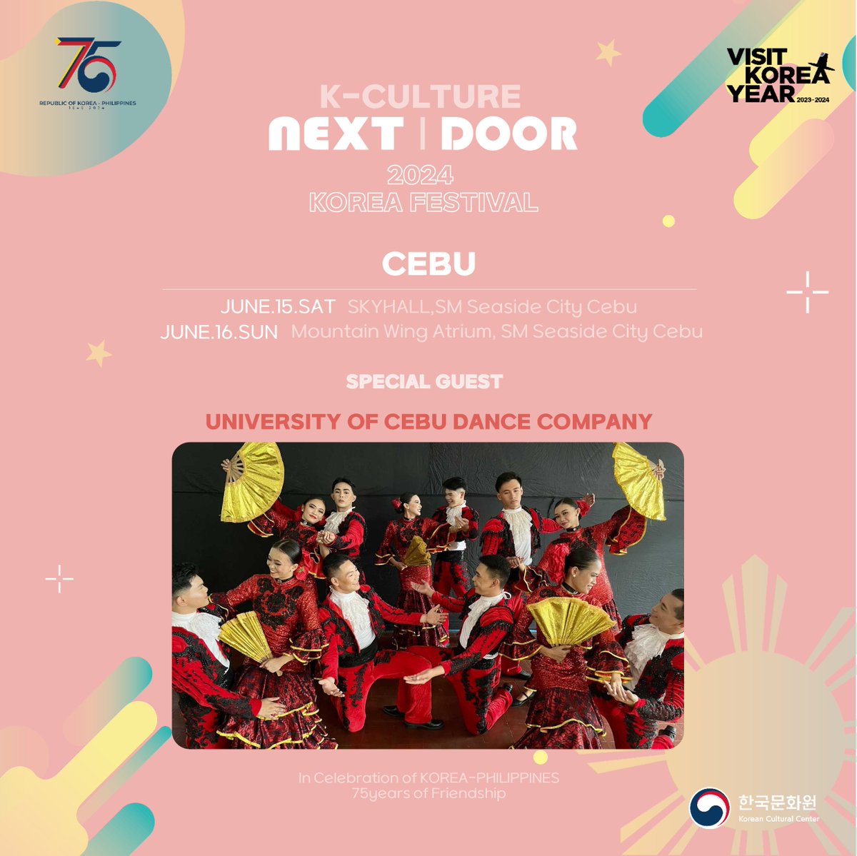 To also highlight our very own culture and celebrate the friendship between Cebu and Jeju, THE UNIVERSITY OF CEBU DANCE COMPANY will perform a showcase of traditional Filipino dances. June 15, 2024 2:00 PM at the SkyHall of @SMSeasideCebu