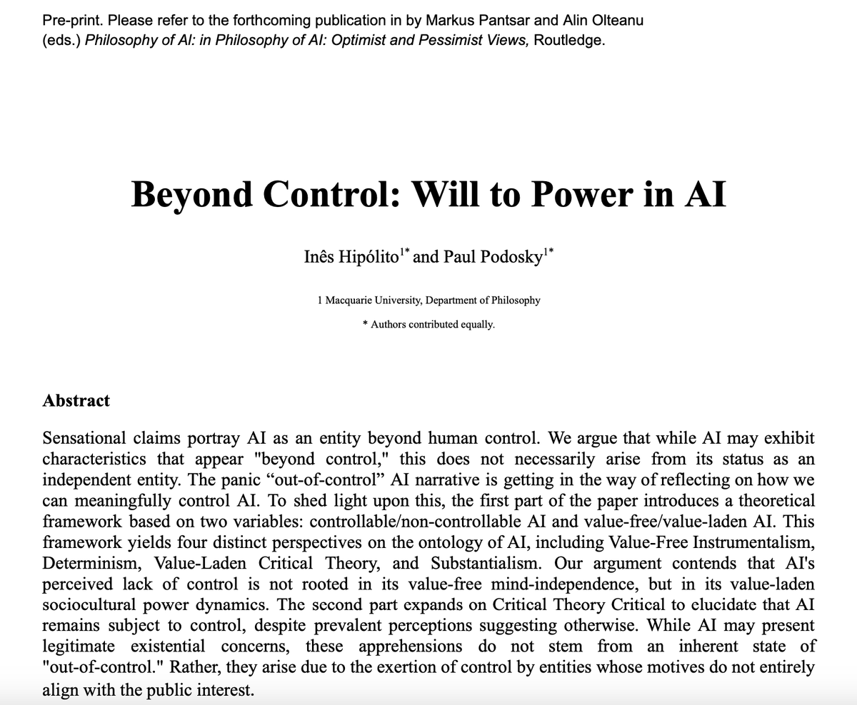 ineshipolito's tweet photo. New preprint out - with my brilliant colleague @PPodosky. We challenge the sensational claims about AI being beyond human control, arguing that perceived lack of control stems from socio-cultural power dynamics rather than AI as an entity.

https://t.co/rhaPypjeTV https://t.co/w1PKIHeiE4