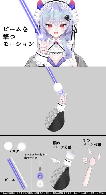 ビームを撃つモーションのパーツ分離。
#LIVE2D依頼 #イラスト依頼
ビームは長く描いておいて、反転マスクをスライドさせて、指からビームを射出する動きを作ります。

真っ白な光パーツは、モデリングソフト側で色付けができて使いやすいです✨

月海ふわ(#Tsukiumifuwa) 