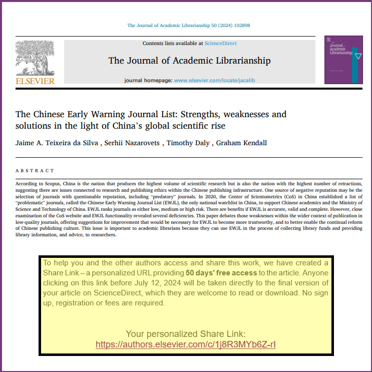 The Chinese Early Warning Journal List: Strengths, weaknesses and solutions in the light of China's global scientific rise. Access for free until 12 July. We have just had this paper published and, if you are interested, you can access it for free (until 12 July) by using this