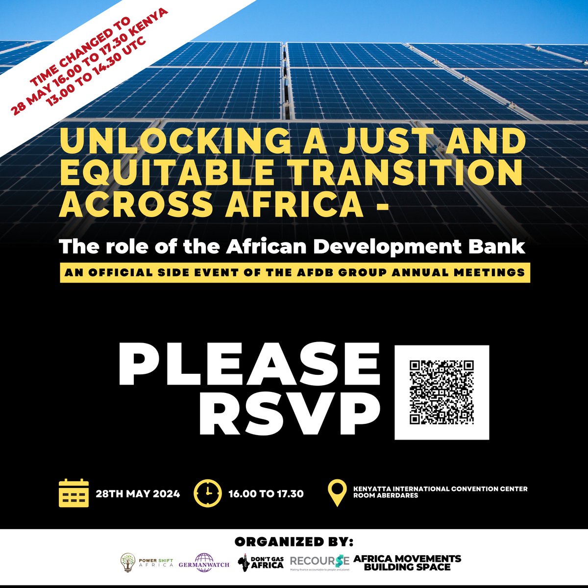 NEW TIME panel discussion at @AfDB_Group AM 28 May: 4pm - 5.30pm Kenya/1pm - 2.30pm UTC: 💭What is the role of the AfDB in unlocking a just & equitable transition across Africa? Sign up to join in person or to receive a virtual link bit.ly/4azrwLV #TheAfricaWeWant