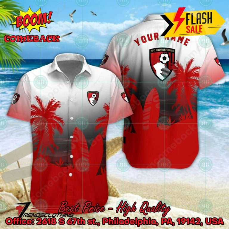 AFC Bournemouth FC Palm Tree Surfboard Personalized Name Button Shirt Link to buy: boomcomeback.com/product/afc-bo… #AFCBournemouth #HawaiianShirt #Shorts