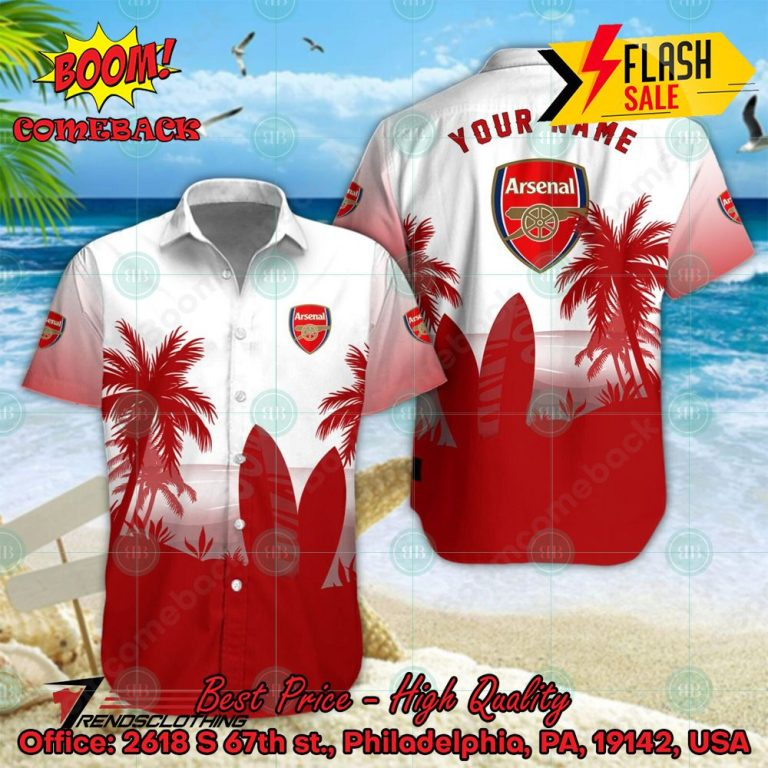 Arsenal FC Palm Tree Surfboard Personalized Name Button Shirt Link to buy: boomcomeback.com/product/arsena… #ArsenalFC #HawaiianShirt #Shorts