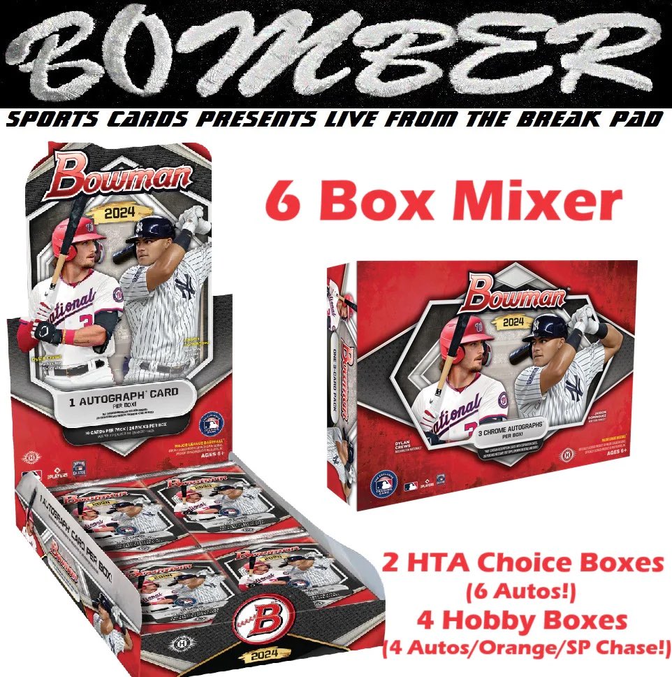 22 Spots Left 🚨 💥 Break Credit Bonus Promo Eligible! In our 2024 Bowman Baseball 6-Box Mixer! (4 Hobby Boxes & 2 HTA Choice) ⚾️ Random Team Style! ⚾️ Grab your spot now at: bomberbreaks.com/products/just-…