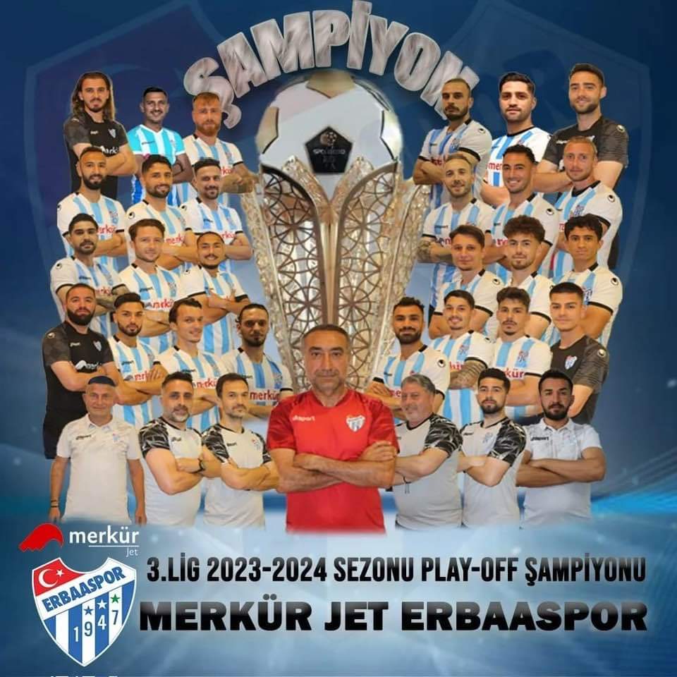 💥 ERBAASPOR TARİH YAZDI 🎯
🔵⚪ARTIK 2.LİGDEYİZ ‼

Merkür Jet Erbaaspor,77 yıllık kulüp tarihinde ilk defa 2.lige yükseldi.
Eskişehir Yeni Atatürk Stadyumu'nda,3.lig 4.grup Playoff finalisti Muşspor 1984'ü,penaltılarda 6-5 yenen Merkür Jet Erbaaspor,2.lige yükseldi.