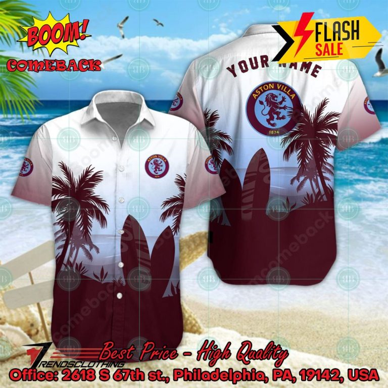 Aston Villa FC Palm Tree Surfboard Personalized Name Button Shirt Link to buy: boomcomeback.com/product/aston-… #AstonVillaFC #HawaiianShirt #Shorts