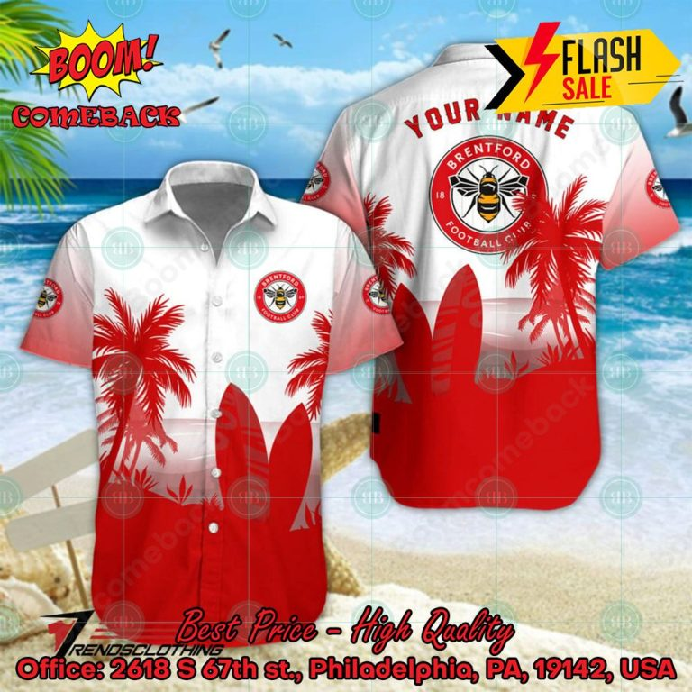Brentford FC Palm Tree Surfboard Personalized Name Button Shirt Link to buy: boomcomeback.com/product/brentf… #BrentfordFC #HawaiianShirt #Shorts