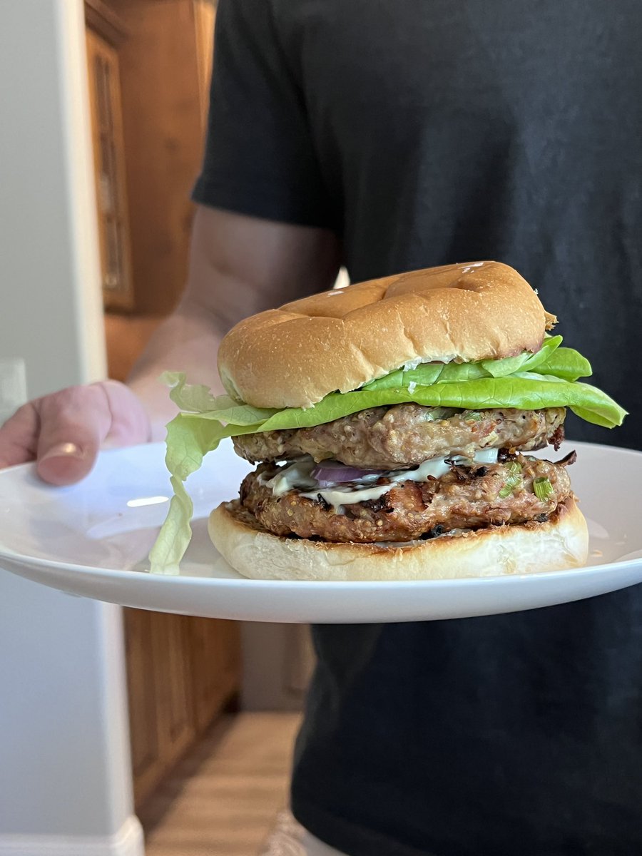 What’s your favorite turkey burger recipe? Mine is Martha Stewart’s. The shredded Gruyère, green onions, and ground mustard really elevate the flavor. This is not your grandma’s boring turkey burger. I serve it with garlic aioli, red onions, and butter lettuce on a toasted bun.