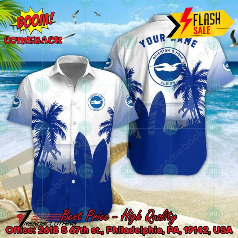 Brighton & Hove Albion FC Palm Tree Surfboard Personalized Name Button Shirt Link to buy: boomcomeback.com/product/bright… #BrightonAndHoveAlbionFC #HawaiianShirt #Shorts