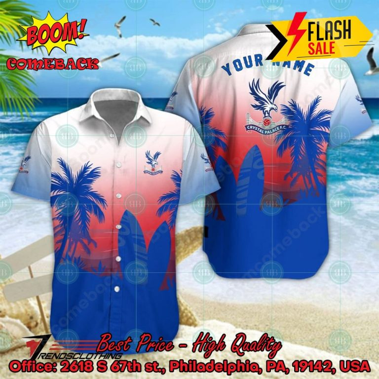 Crystal Palace FC Palm Tree Surfboard Personalized Name Button Shirt Link to buy: boomcomeback.com/product/crysta… #CrystalPalaceFC #HawaiianShirt #Shorts