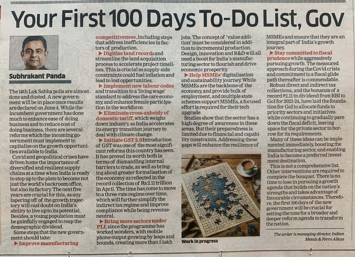 Very valuable suggestions given by Mr @subhrakantpanda Past President @ficci_india and Managing Director @IMFALtd in his article in today’s @EconomicTimes . Must a read..