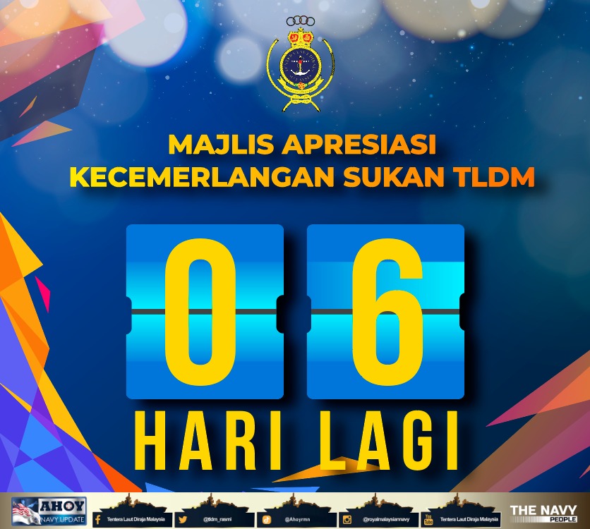 tldm_rasmi's tweet photo. Semakin Hampir!
Majlis Apresiasi Kecemerlangan Sukan TLDM akan diadakan pada 2 Jun 2024 di KD PELANDOK, Pangkalan TLDM Lumut.
#FitNavy
#ISG14
#TLDM90
#SediaBerkorban https://t.co/eS7Kq0SGbK