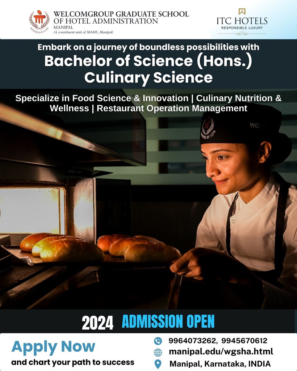 Join #BSc in #Culinary Science (Hons.) 3/4 yrs at #WGSHA!
Specializing in Food Science & Innovation, Culinary Nutrition & Wellness, and Restaurant Operation Management.
Apply - manipal.edu/wgsha/program-…
Visit - manipal.edu/wgsha.html

#CulinaryScience #Culinaryarts #admissionsopen
