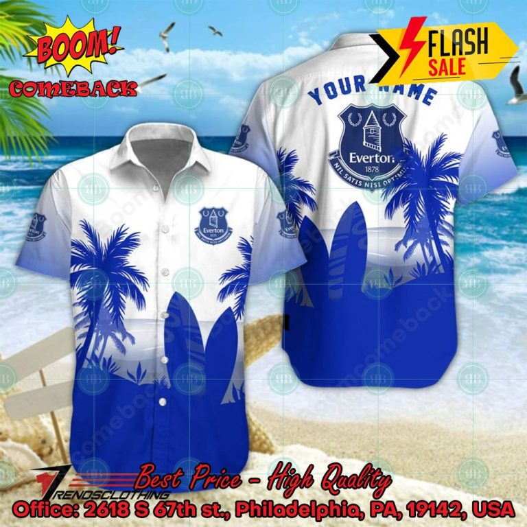 Everton FC Palm Tree Surfboard Personalized Name Button Shirt Link to buy: boomcomeback.com/product/everto… #EvertonFC #HawaiianShirt #Shorts