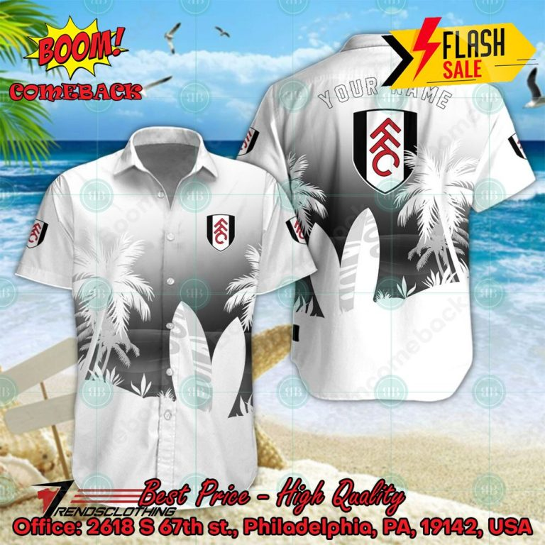 Fulham FC Palm Tree Surfboard Personalized Name Button Shirt Link to buy: boomcomeback.com/product/fulham… #FulhamFC #HawaiianShirt #Shorts