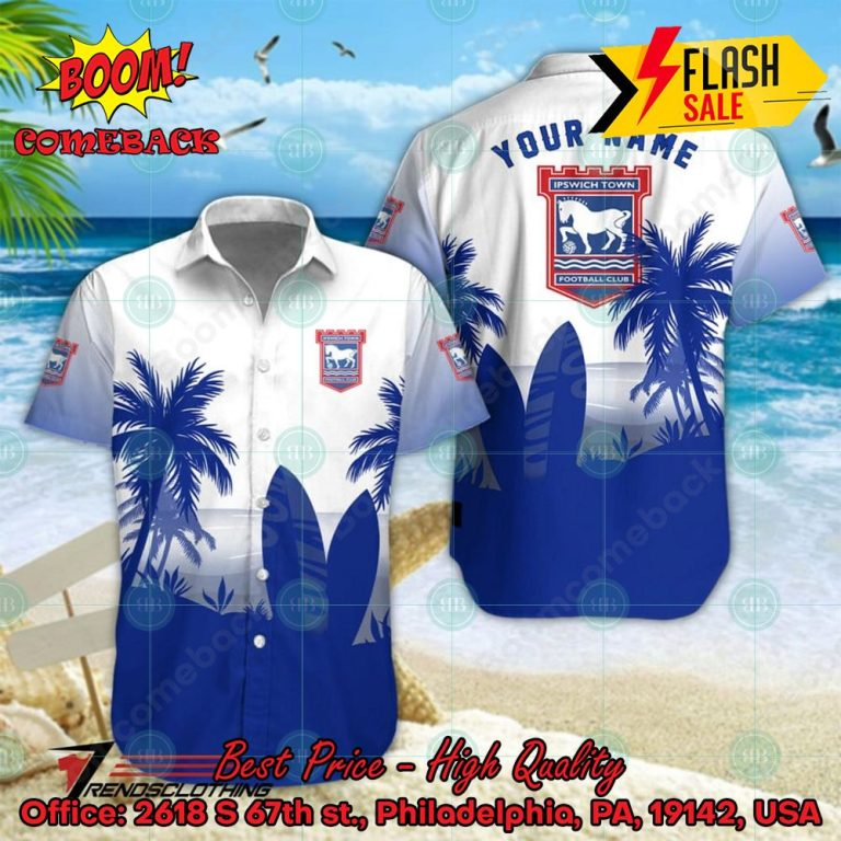 Ipswich Town FC Palm Tree Surfboard Personalized Name Button Shirt Link to buy: boomcomeback.com/product/ipswic… #IpswichTown #HawaiianShirt #Shorts