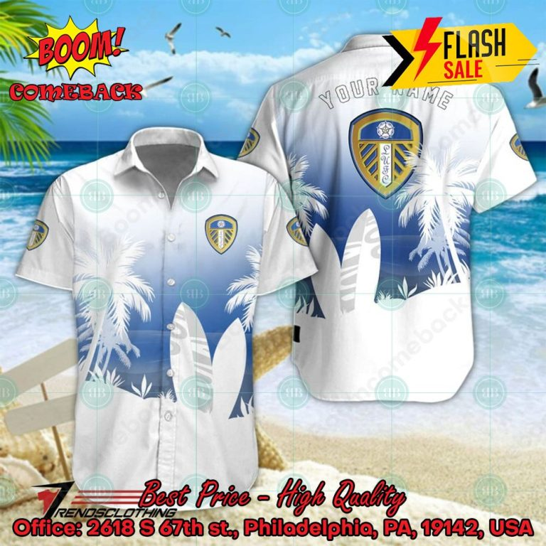 Leeds United FC Palm Tree Surfboard Personalized Name Button Shirt Link to buy: boomcomeback.com/product/leeds-… #LeedsUnitedFC #HawaiianShirt #Shorts