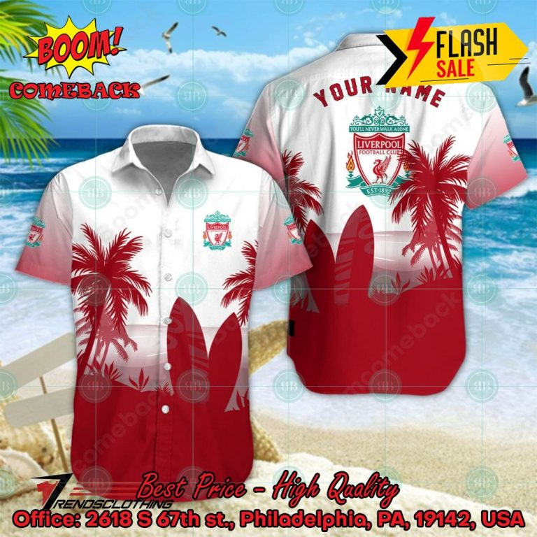 Liverpool FC Palm Tree Surfboard Personalized Name Button Shirt Link to buy: boomcomeback.com/product/liverp… #LiverpoolFC #HawaiianShirt #Shorts