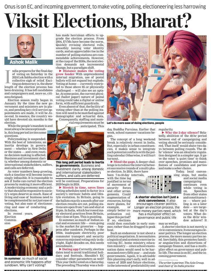 India's Lok Sabha election season runs for virtually six months. This is fatiguing for society and unfair on a modernising economy. By 2029 we need shorter, more efficient elections. Even small fixes can go some way. My piece in today's @EconomicTimes economictimes.indiatimes.com/opinion/et-com…