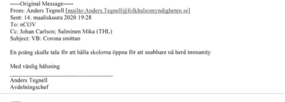 Helt storkukslugnt skriver #Tegnell med all klarhet i avsikten med att ha #skolan öppen under denna #pandemi till varje pris; ja det var ju för att nå #flockimmunitet (#Herdimmunity på Engelska) som inte funkar mot #corona, så barnen offras! #svpol #Sweden #Swedengate #covid #fhm