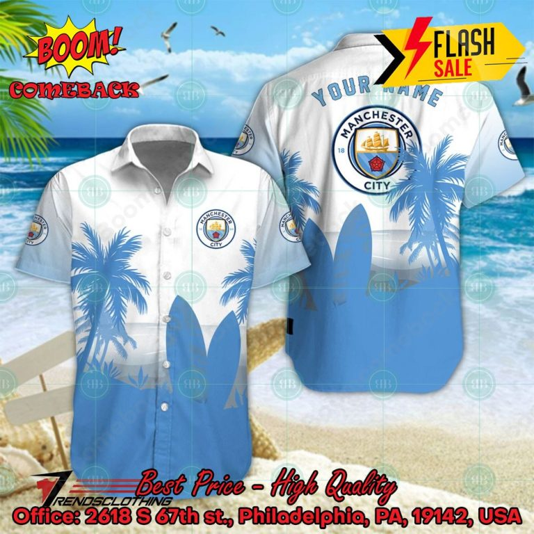 Manchester City FC Palm Tree Surfboard Personalized Name Button Shirt Link to buy: boomcomeback.com/product/manche… #ManchesterCityFC #HawaiianShirt #Shorts