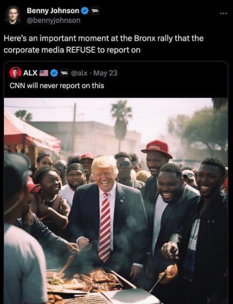 MAGA lunatics are sharing a fake AI generated picture of their orange racist with a group of black people in the Bronx. The idiots forgot to edit out the Palm trees.