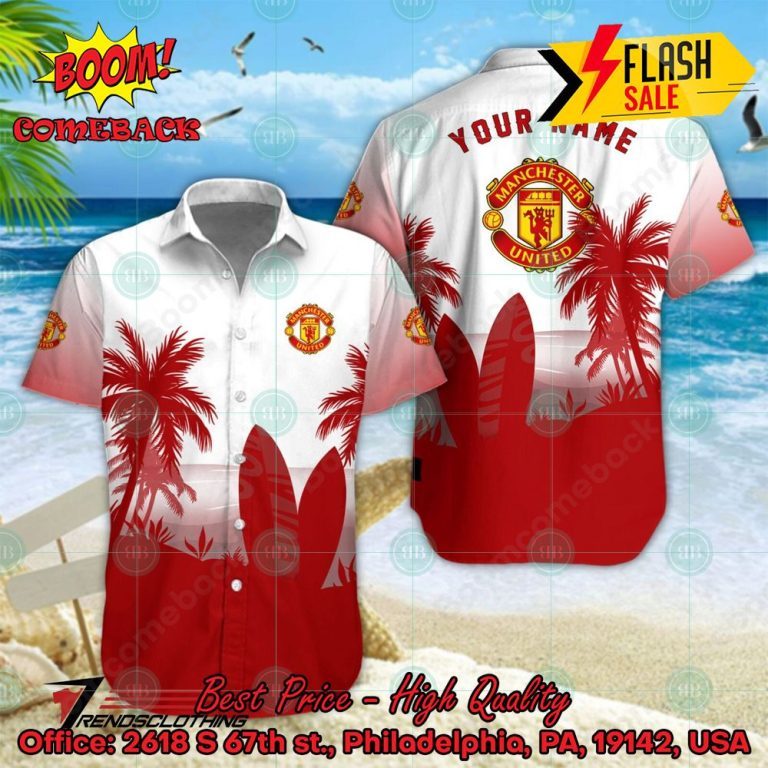 Manchester United FC Palm Tree Surfboard Personalized Name Button Shirt Link to buy: boomcomeback.com/product/manche… #ManchesterUnitedFC #HawaiianShirt #Shorts