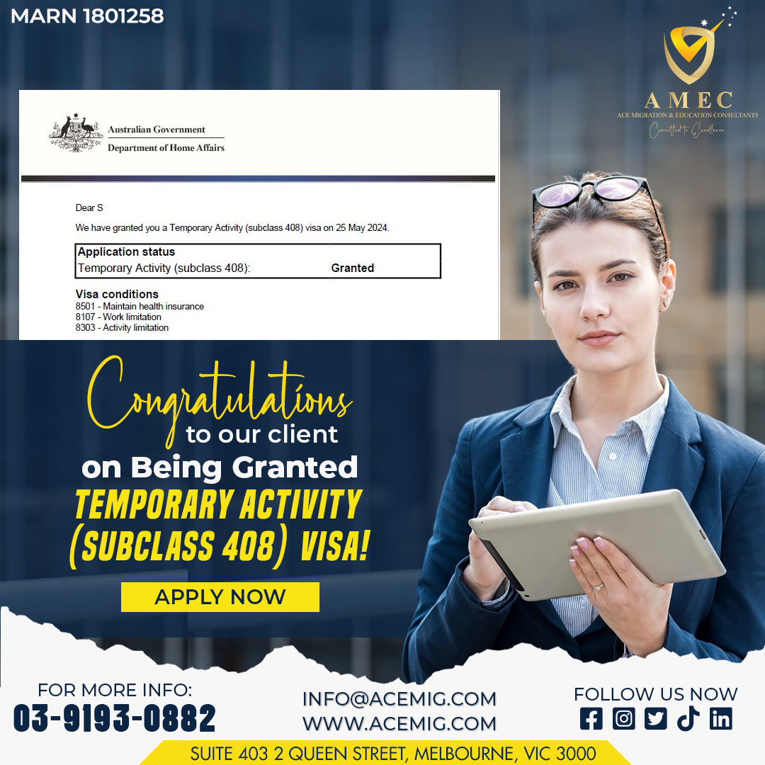 amec_australia's tweet image. 🎉 Congratulations to our client on being granted the Temporary Activity (Subclass 408) visa! 

#VisaGranted #Subclass408 #ClientSuccess #NewBeginnings #ImmigrationHelp #ReachYourGoals #melbourne #MigrationSuccess #FutureInAustralia #australiamigration #MigrationConsultants