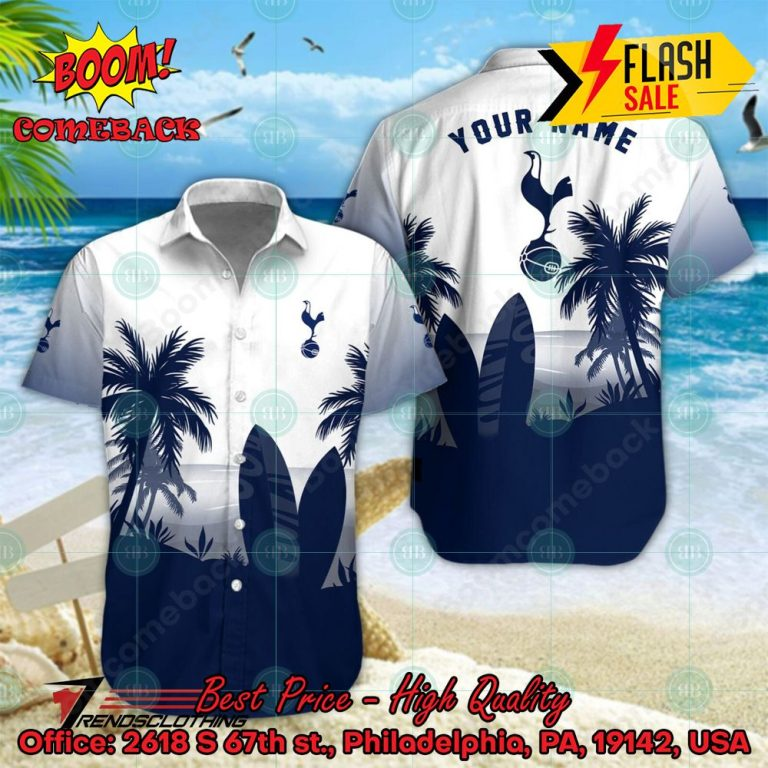 Tottenham Hotspur FC Palm Tree Surfboard Personalized Name Button Shirt Link to buy: boomcomeback.com/product/totten… #TottenhamHotspurFC #HawaiianShirt #Shorts