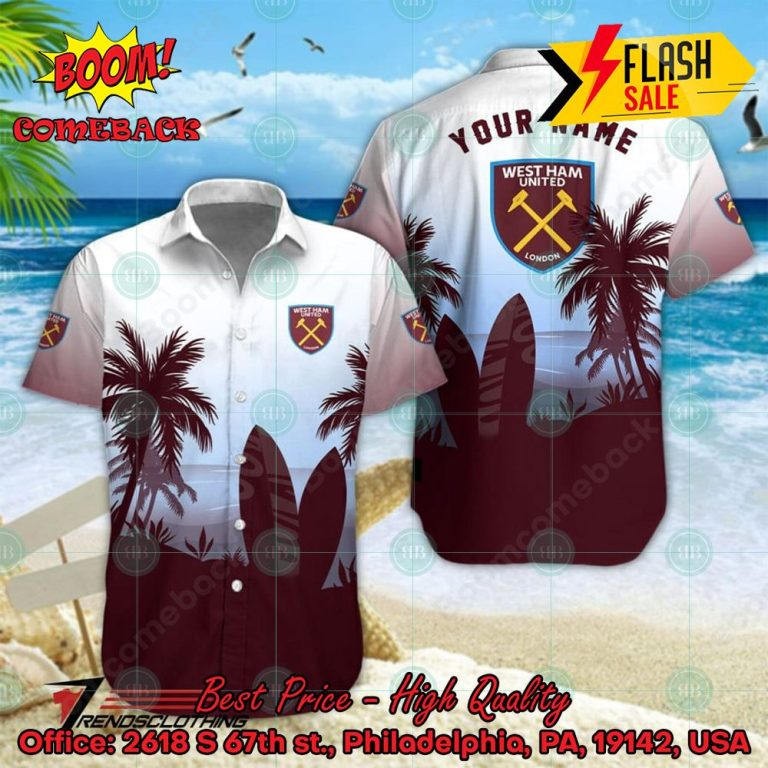 West Ham United FC Palm Tree Surfboard Personalized Name Button Shirt Link to buy: boomcomeback.com/product/west-h… #WestHamUnitedFC #HawaiianShirt #Shorts