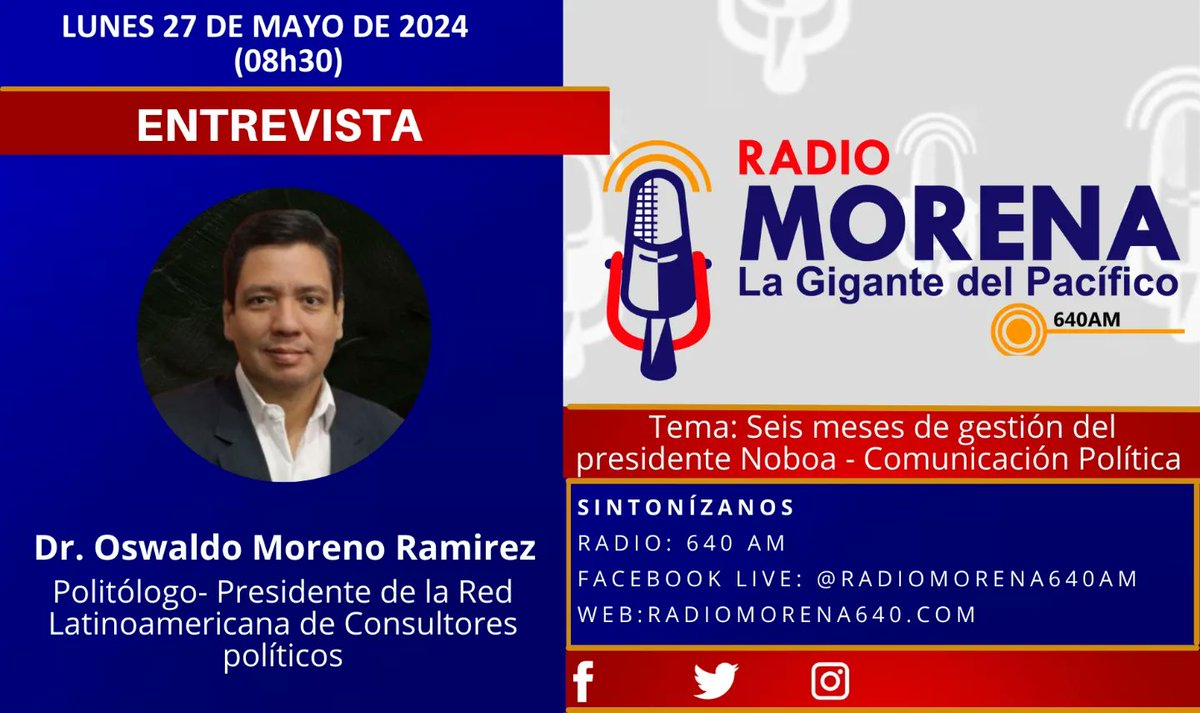 #MorenaInforma // Los invitamos a sintonizar #RadioMorena 640 AM, nuestros invitados de este lunes 27 de mayo del 2024 en #MorenaNoticias son: 🗣️ Dr. René Betancourt 🗣️ @panchojimenezs 🗣️ @OswaldoMoreno Nos pueden sintonizar por: Nuestro dial 640AM