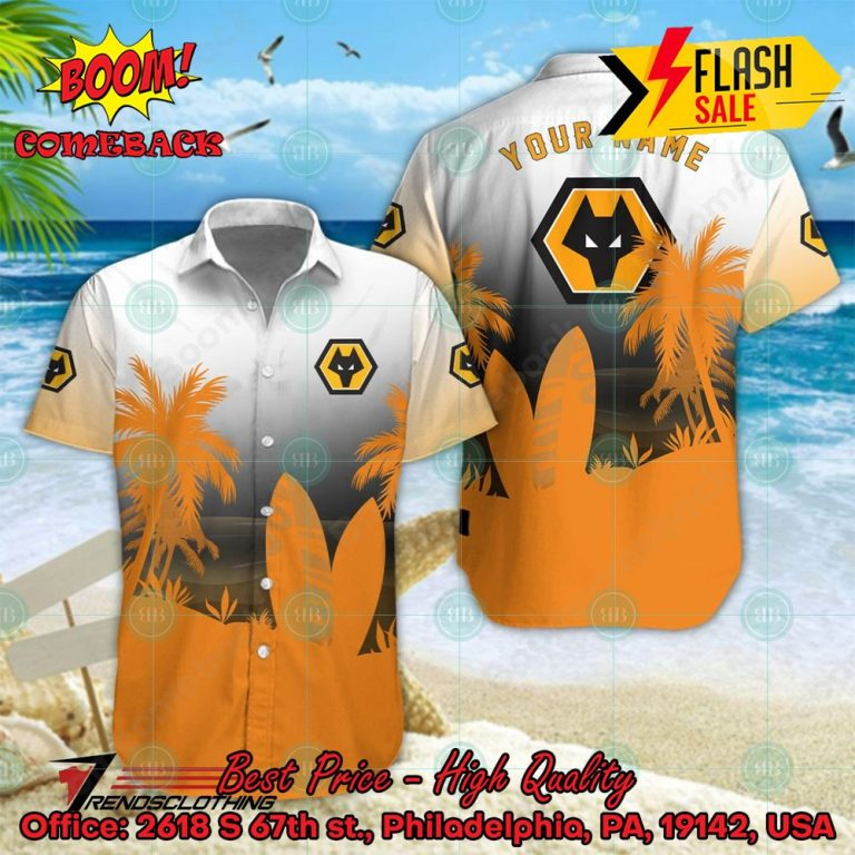 Wolverhampton Wanderers FC Palm Tree Surfboard Personalized Name Button Shirt Link to buy: boomcomeback.com/product/wolver… #WolverhamptonWanderersFC #HawaiianShirt #Shorts