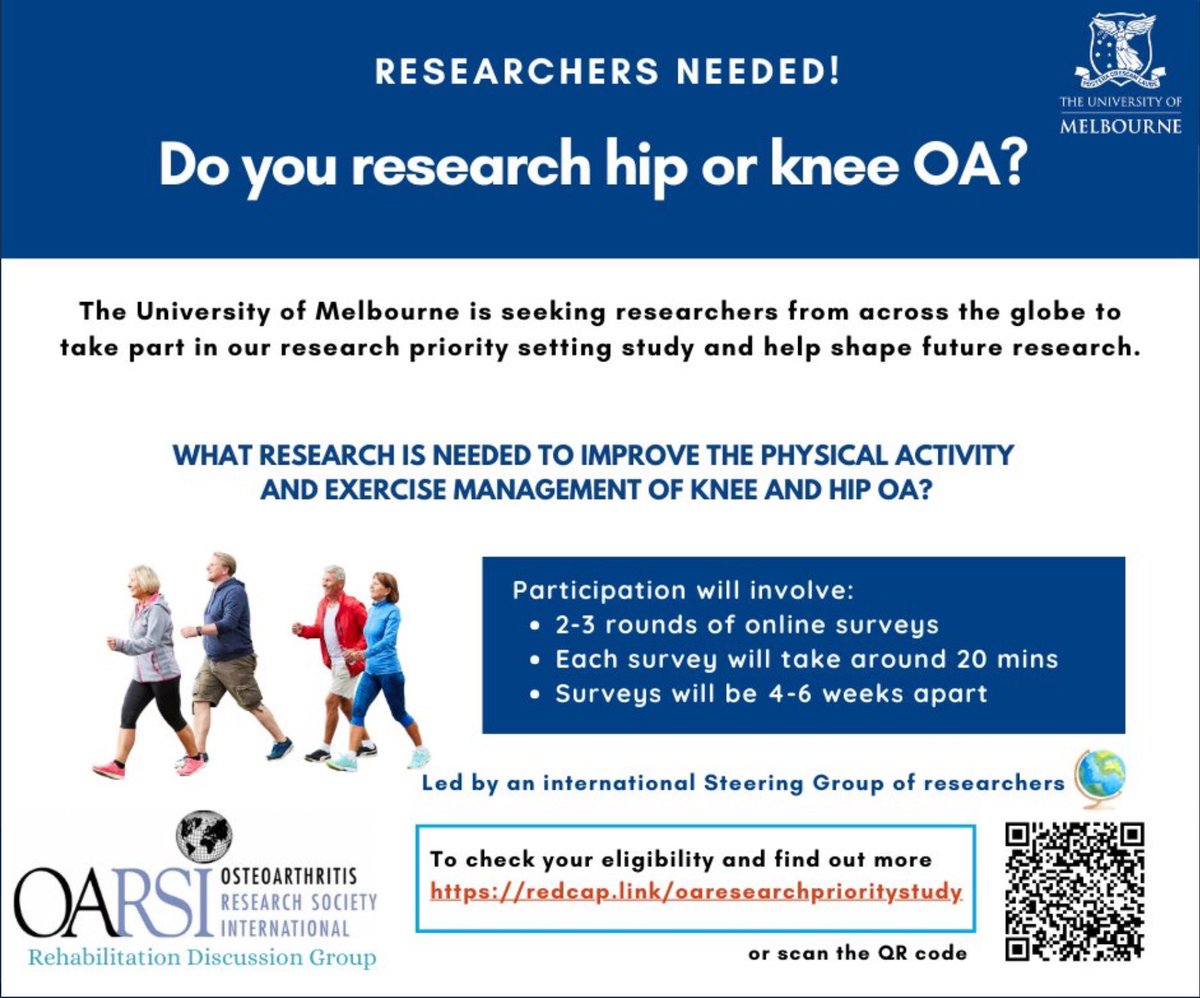 #Osteoarthritis Researchers & clinicians from around the world- please take part in our research priority survey to help determine the most important priorities for research in exercise & OA
@CHESM_unimelb 

Survey link: redcap.unimelb.edu.au/surveys/?s=ERP…