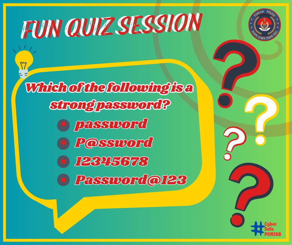 Fun Quiz Session !!
#CyberSafePunjab #CyberJagrookta #cybersecurity #cybersafety #stayalert #cybercrime #cyberawareness #followformore