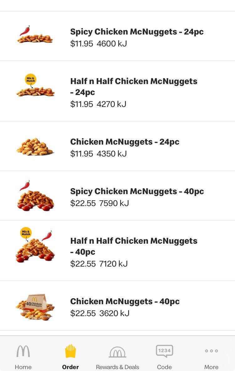 paulkwai's tweet photo. @maccas are the 24-piece and 40-piece nuggets made from different parts of the chicken? How do the 40-piece have less kJ than the 24-piece?  And what about the spicy vs normal?  How can the 24-piece half n half have less kJ than both spicy and normal? https://t.co/f01sq7NjcG