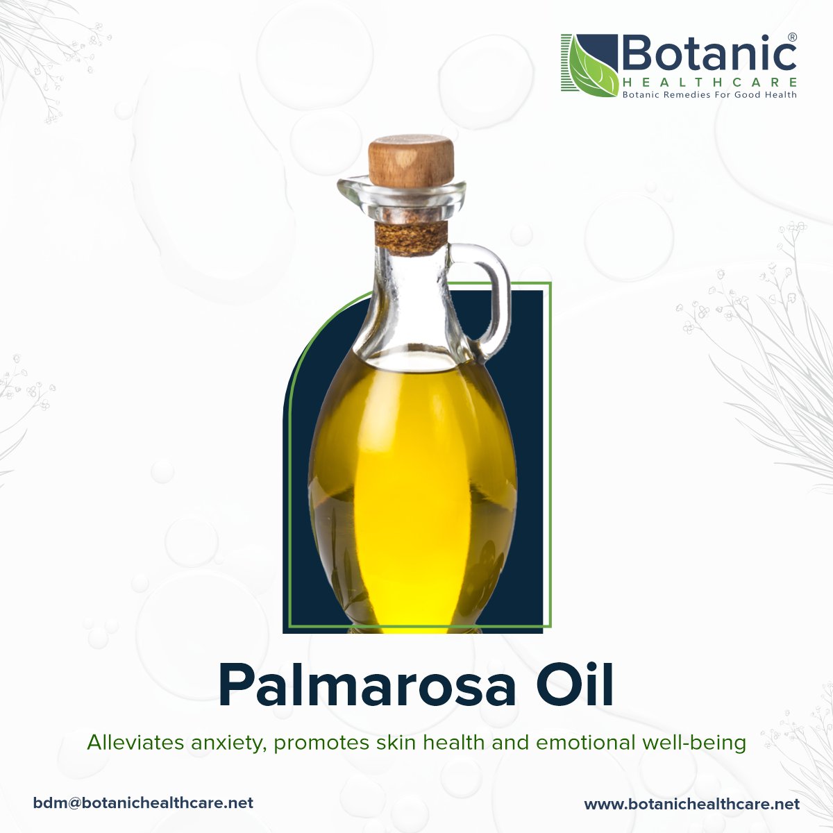 Palmarosa oil is a versatile essential oil offers a range of benefits. Its hydrating & anti-aging properties make it a must-have for advanced skincare formulations, reducing dryness & fine lines. Send your query at bdm@botanichealthcare.net for more info.
#herbalextracts