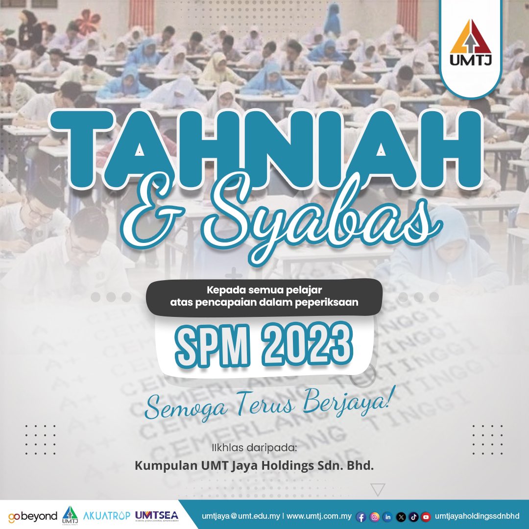 umtholdings's tweet photo. 𝗧𝗮𝗵𝗻𝗶𝗮𝗵 𝗱𝗮𝗻 𝗦𝘆𝗮𝗯𝗮𝘀 buat semua penerima Keputusan Peperiksaan Sijil Pelajaran Malaysia (SPM) 2023.
#gobeyond #universitimalaysiaterengganu
#umtjayaholdings #umtjconsultancyservices #akuatropsdnbhd #umt #umtj #umtjcs #aksb https://t.co/XwfuFVPmbs