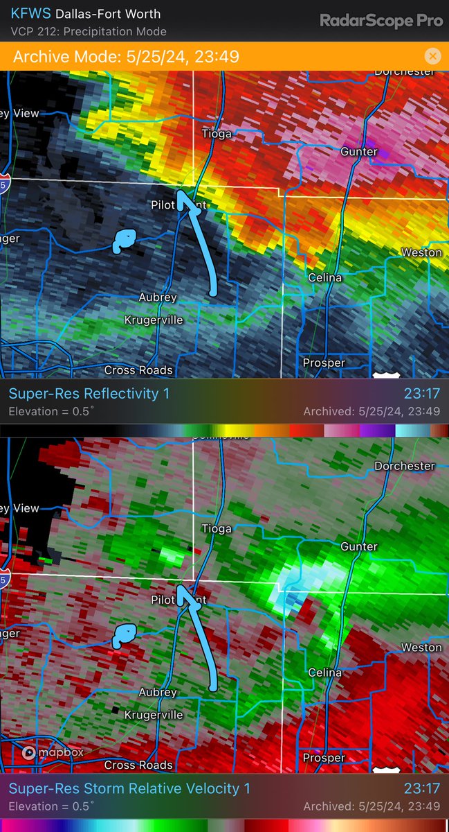 KD5UMO's tweet photo. A couple of danger noodles associated with the #tornadic supercell between #aubrey and #pilotpoint at Ray Roberts Park entry on TX FM 455 #txwx on 5.25.2024 22:17 #funnel Looks like rotation over #tioga #dentoncounty https://t.co/sAcuwl8qqc