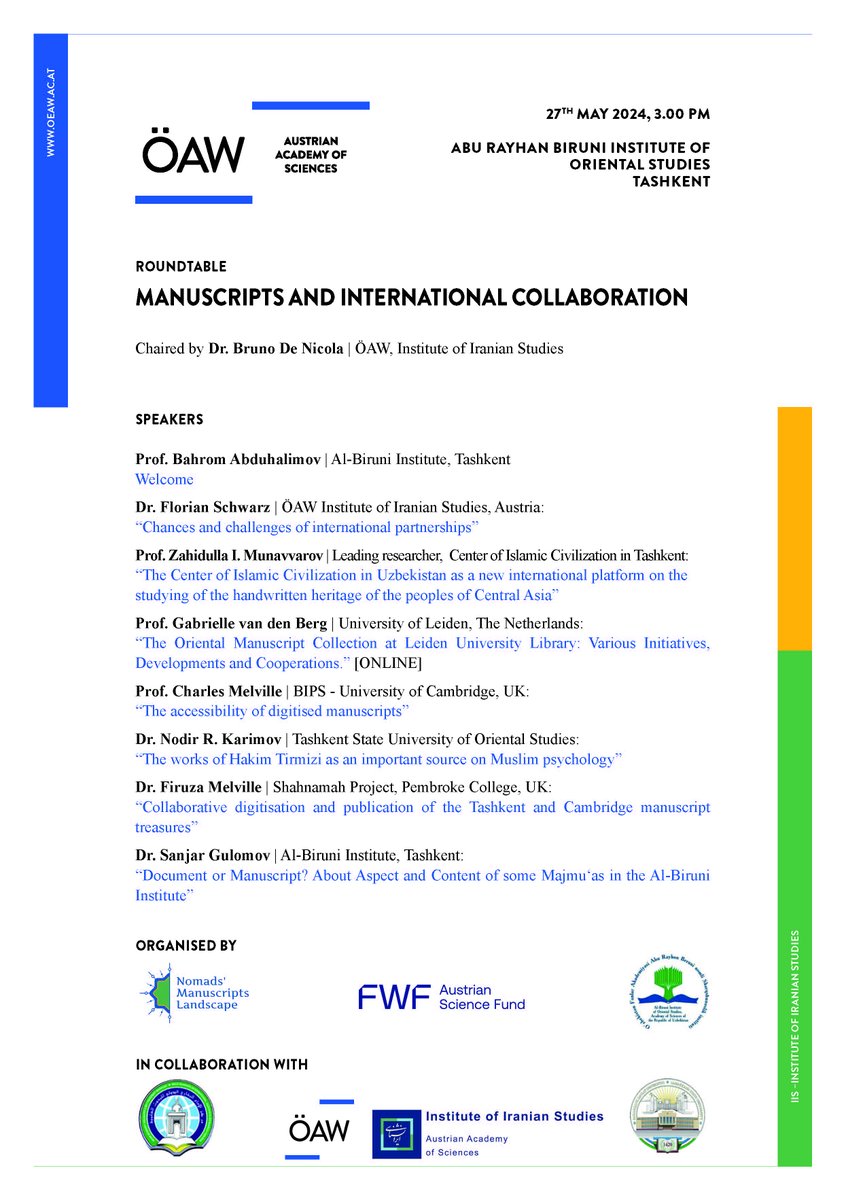If you are in #Tashkent today, come to our roundtable discussion at the al-Beruni Institute to talk about #manuscripts and International collaborarions. 
<a href="/FWF_at/">FWF</a> <a href="/NoMansLand_OEAW/">Nomads’ Manuscripts Landscape</a> <a href="/iranshenasi/">ifi_oeaw</a> <a href="/oeaw/">Austrian Academy of Sciences</a> <a href="/ya_OeAW/">Young Academy OeAW</a>