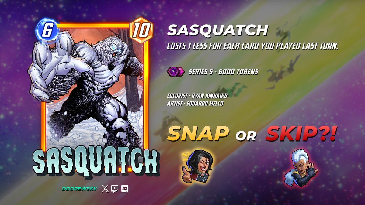 🌲 Sasquatch is COMING to Marvel Snap! 🌲 ✅ Great stats with an EASY ability to achieve! ❌ Mobius is an easy COUNTER ✅ HUGE value with Hit Monkey and Mysterio MUST HAVE card of the season! You can easily get her to 3-4 cost. Even 5/10 is VALUE! 😌 Will you SNAP or SKIP?! 🤔
