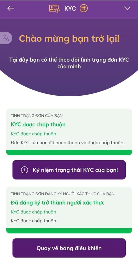 Hiện tai KYC bổ sung tấc cả tk đã KYC thành công kể cả tk đã làm người xác thực.làm theo hưỡng dẫn 1-2 phút rất nhanh 
Luu ý 
1-Update ứng dụng mới nhất
2-Bật cho phép camera Pi+Pi Browser
3-Ánh sáng vừa đủ phải mặt đồ đẹp(ko nên vội làm khi chưa mặt jif