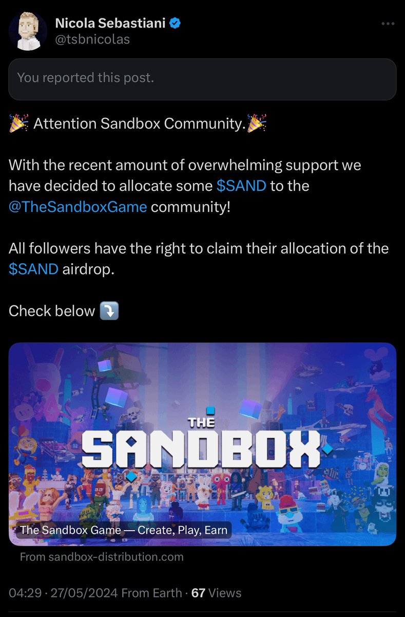 ⚠️ Important! One of The Sandbox @TheSandboxGame team members was hacked & his Twitter/X account used to send SCAM tweets and DMs, disguised as if these were official ⚠️

⛔️ Do not click on any links and report it as 'SPAM' or 'PHISHING' directly

👍 Stay Safe and Alert. Read our