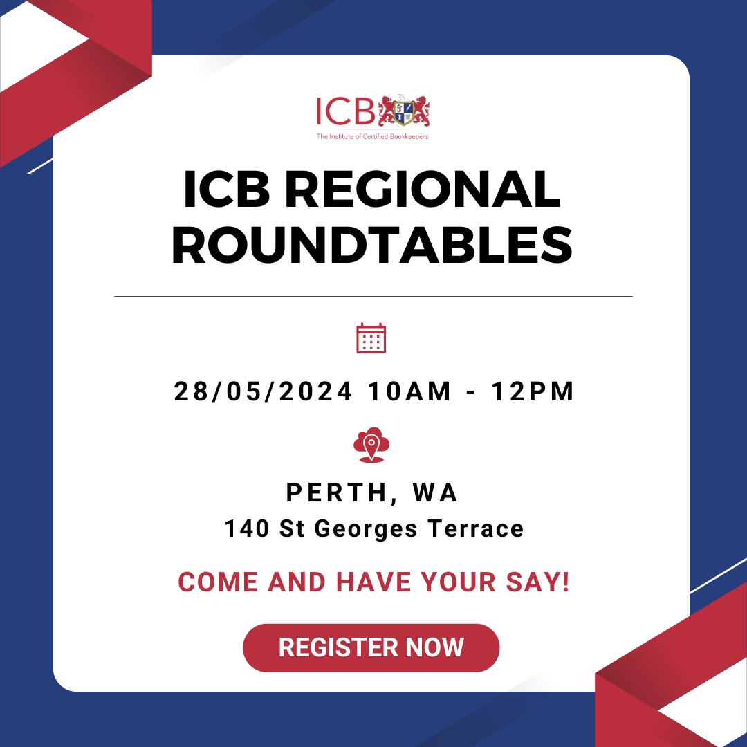 📣 Come have your say at ICB Regional Roundtables!

We are coming to #Perth! Join us for an exclusive opportunity to shape the future of professional bookkeeping! 

Register now: ow.ly/ytl050RF6O8

#ICBAustralia #ICBRegionalRoundtables #bookkeeping #bookkeepers