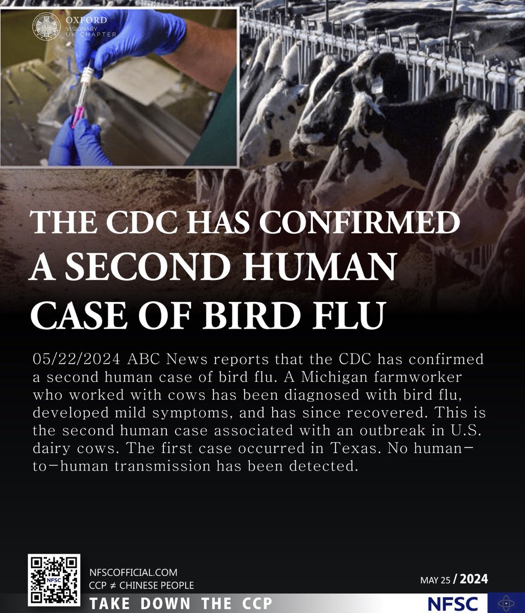 The CDC has confirmed a second human case of bird flu

05/22/2024 ABC News reports that the #CDC has confirmed a second human case of #bird #flu. A #Michigan farmworker who worked with cows has been diagnosed with bird flu

#ccp≠chinese #ccp≠china #decouplefromchina #novaccines