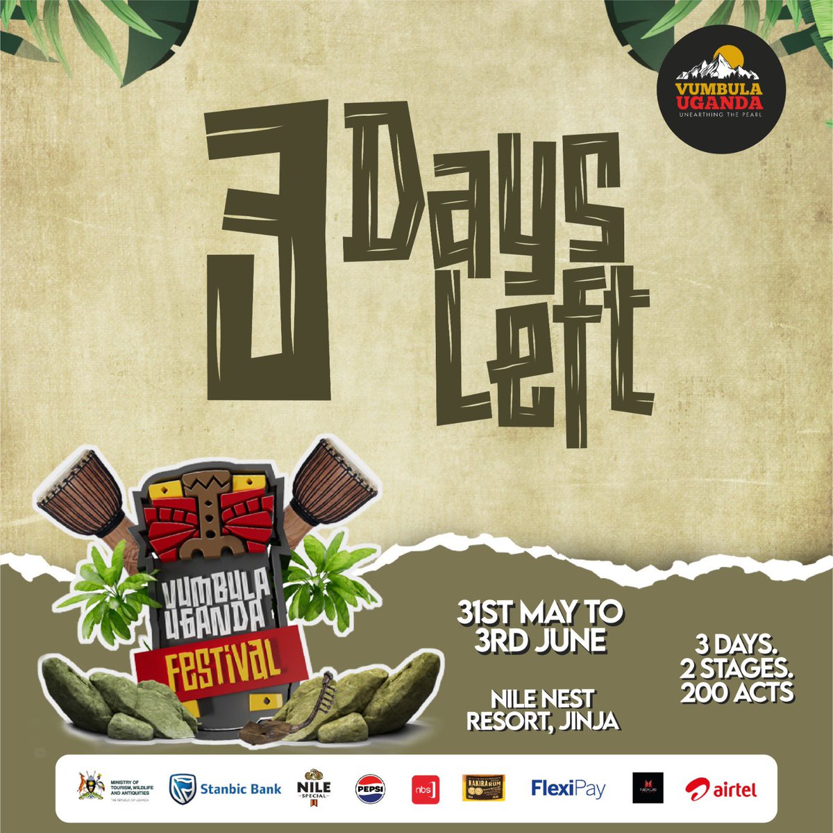 4 days remaining to the biggest festival. Have you purchased your tickets yet? #VumbulaUgandaFestival is taking place from May 31st to June 3rd at Nile Nest Resort Jinja. #GreeningTheNile